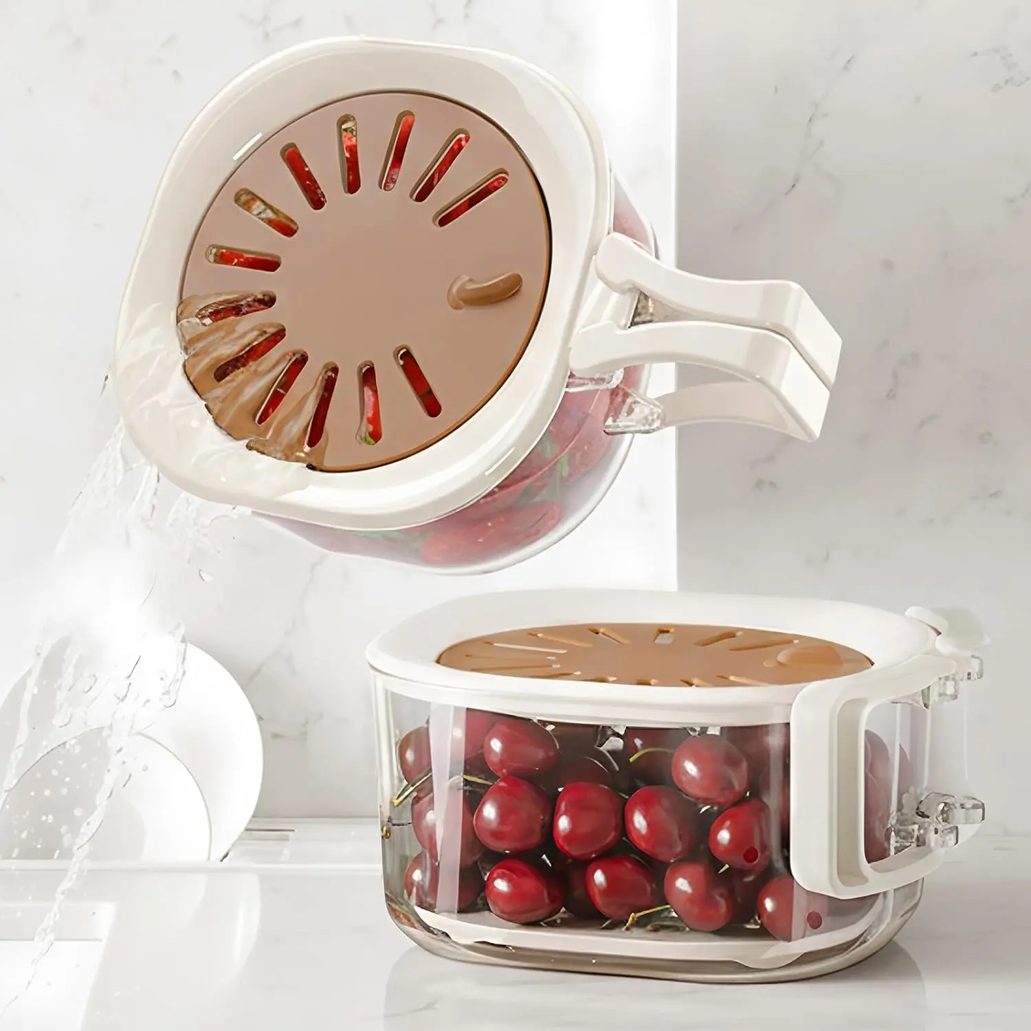 Stckble snke continer for   dult, reusble prep snckle box, Fruit Wshing Bowl, Multifunctionl, Berry Keeper, Portble Colnder Storge Continer for Kitchen, Picnic, 2 Pck(Brown)
