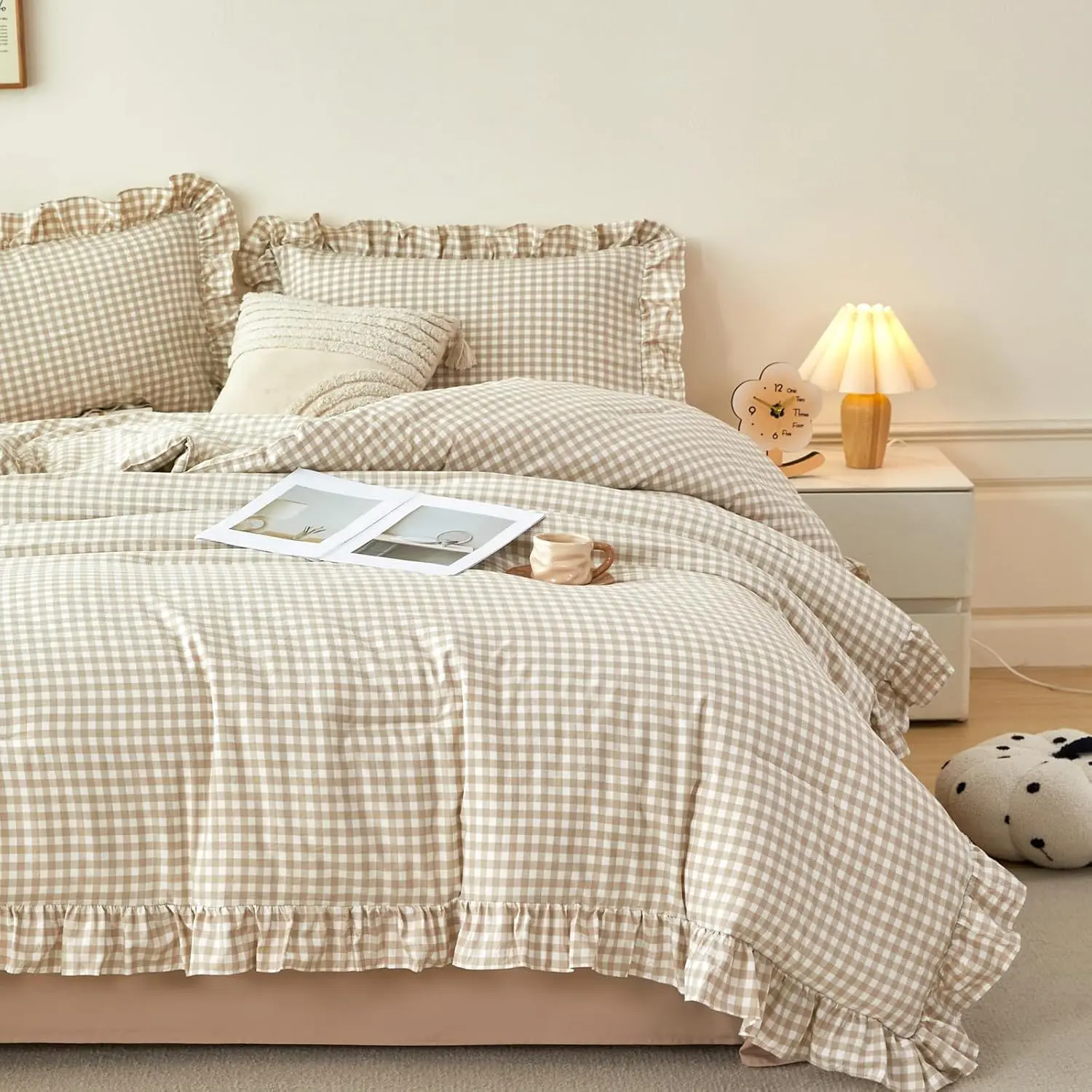 5 count  Gingham Bedding Sets Brown Ruffled  Comforter Sets | Soft Pre-washed Microfiber Checkered Bed Set with Sheets  Cottage Grid Bed in a Bag for Boys Girls