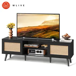 WLIVE Rattern TV Stand for 65 Inch TV, Mid Century Modern Entainment Center with Rattern Doors, Boho TV Console with Storage Shelf Home Decor