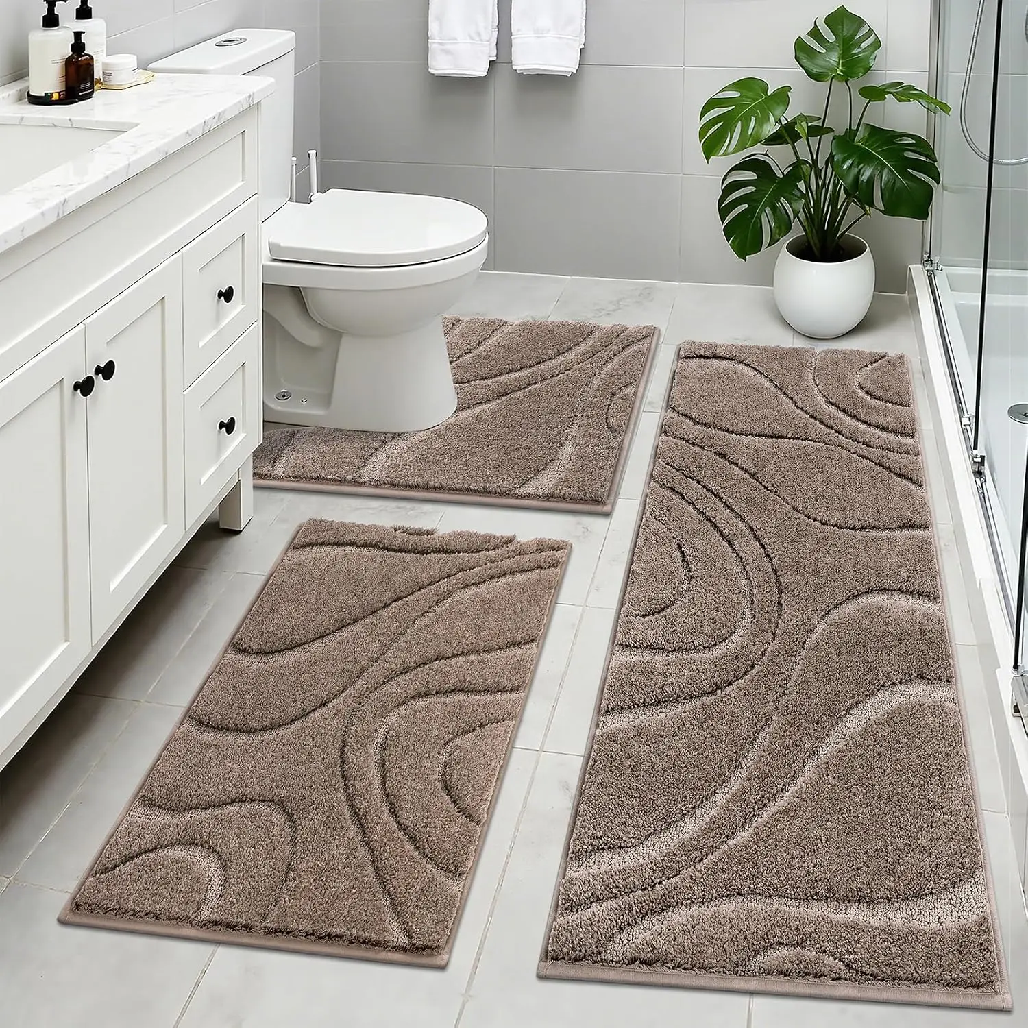 Microfiber Bathroom Rugs Sets 3 Piece,Super Absorbent Non Slip Bath Mats Rugs for Bathroom,Washable Bath Mat and U-Shaped Contour Toilet Rug Set for Tub Shower Bath Carpet