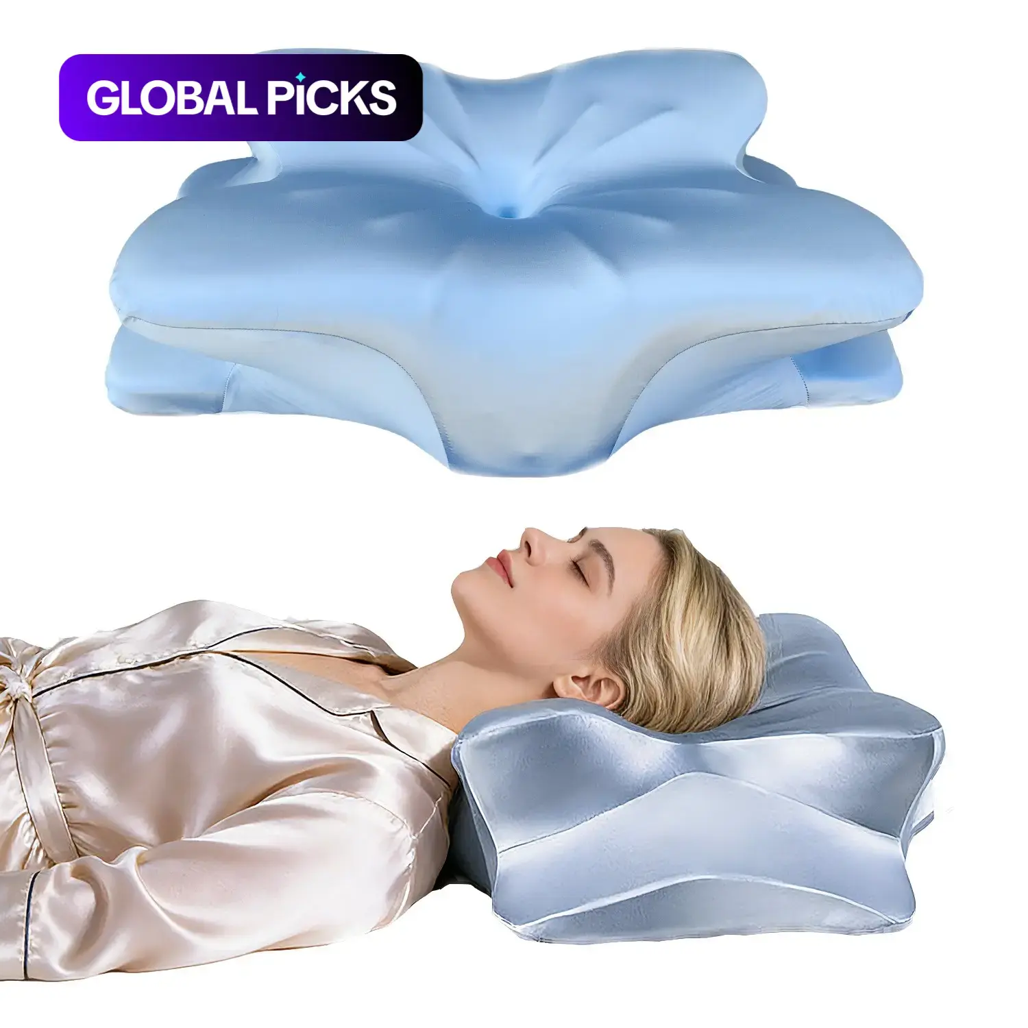 Silk Contoured Memory Foam Orthopedic Neck Pillow, Double-Sided Design with Soft Surface for Neck Support, Removable Breathable Pillowcase, Provides Hand Rest Area, for Side Sleepers, Stomach Sleepers #GLOBAL PICKS
