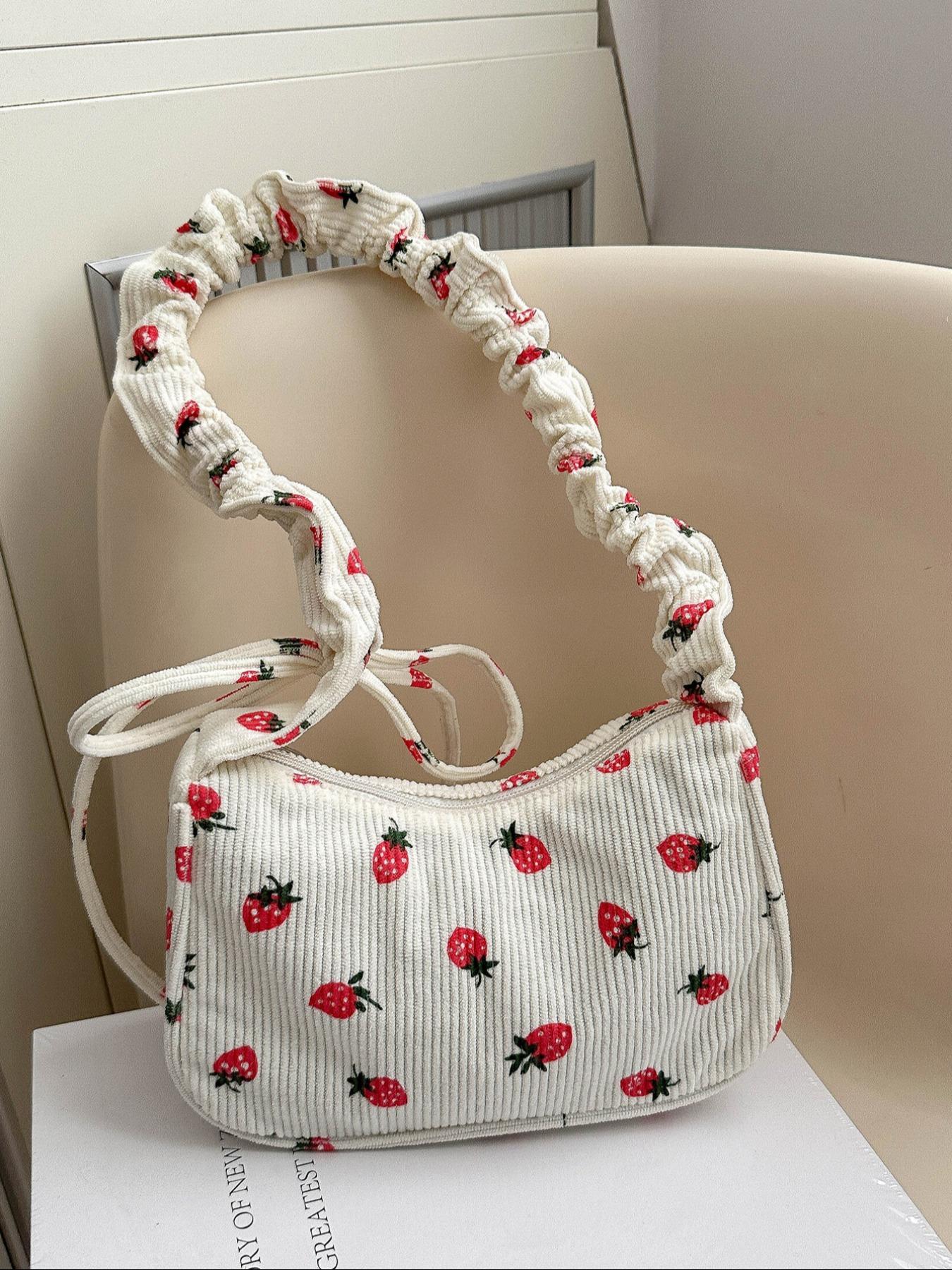 Cute Strawberry Print Underarm Bag, Drawstring Design, Soft Casual Fruit Pattern Shoulder Clutch, Versatile Handbag for Women