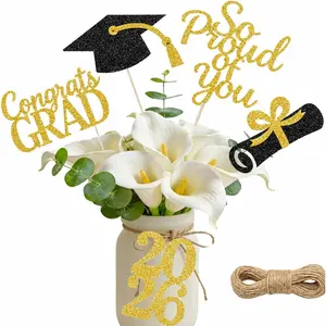 20-Pack Double Sided 2026 Graduation Party Centerpiece Sticks with 32.8ft Twine – Class of 2026 Graduation Decorations, DIY Table & Cake Topper Decor (Gold)