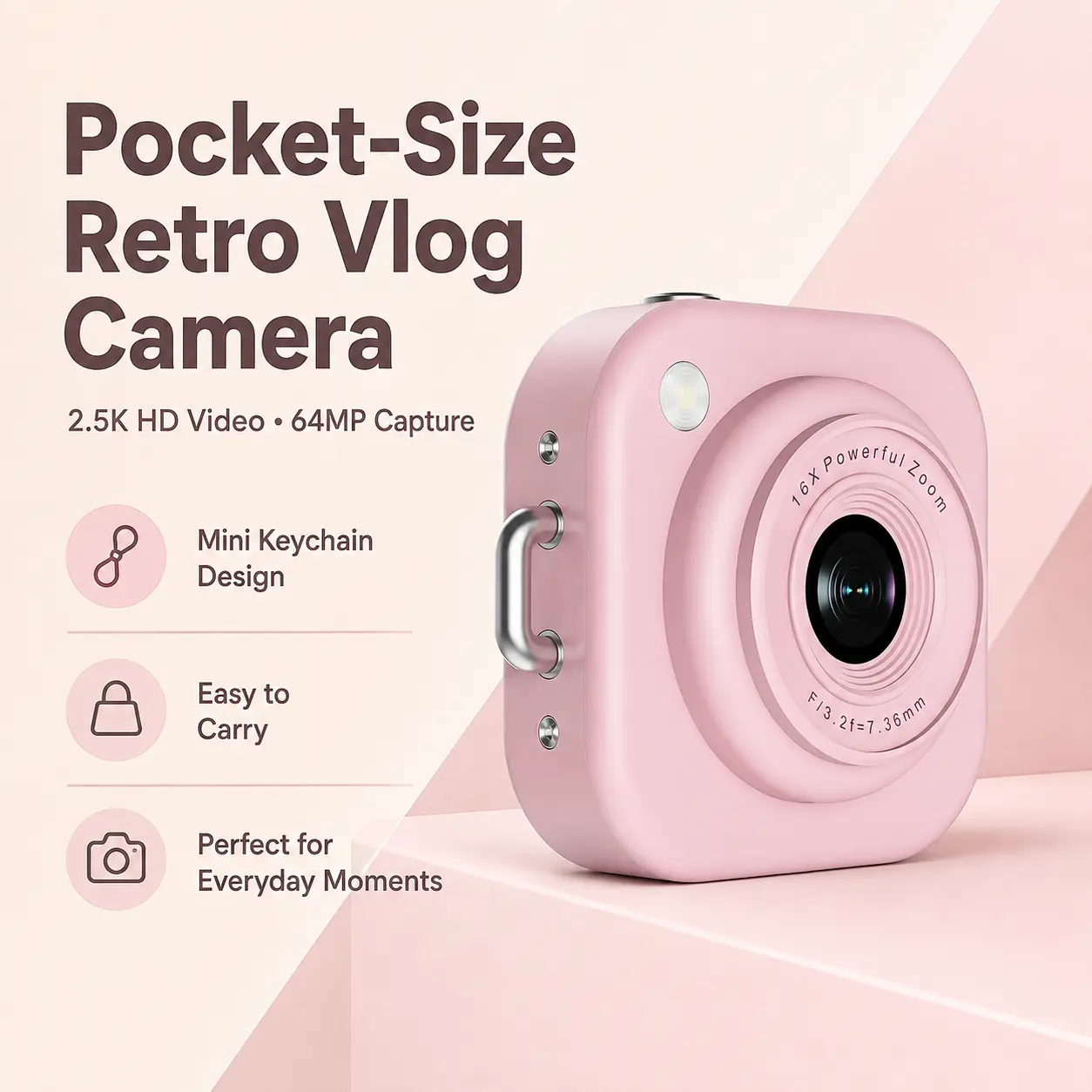 Mini Keychain Digital Camera with 2.5K HD Video and 64MP Photo Capture, Y2K Pocket-Size Retro Vlog Camera with 32GB Memory Card and Charging Cable for Travel, Concerts, Parties and Everyday Moments