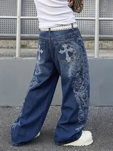 Men's Gothic Cross Pattern Loose Fit Wide Leg Jeans, Casual Patchwork Denim Jeans, All Seasons Comfortable Clothing
