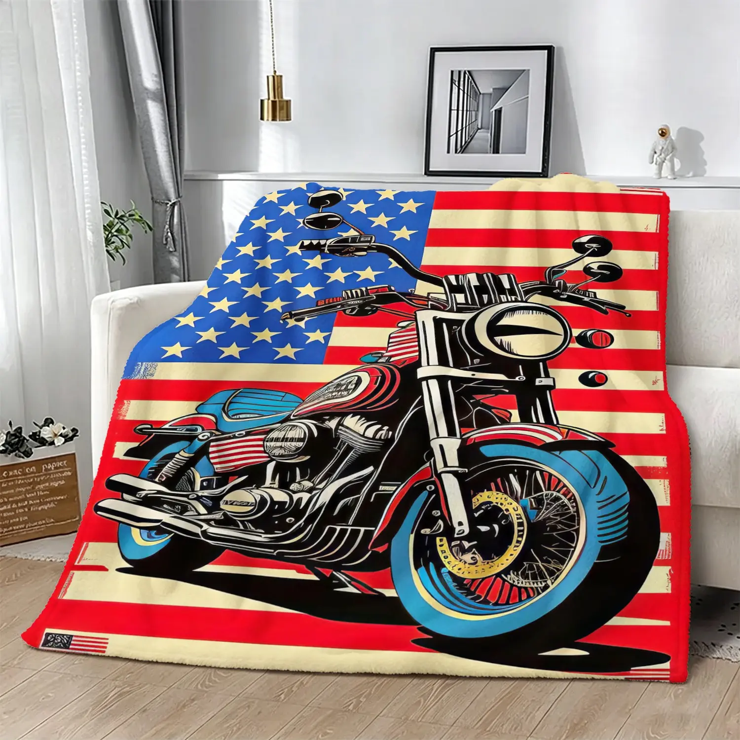 National Flag Motorcycle Print Throw Blanket, All Season Flannel Decorative Blanket, for Sofa, Bed, Couch, Camping, Cozy Warm Blanket, Ideal Gift for Motorcycle Biker and Patriotic Lovers