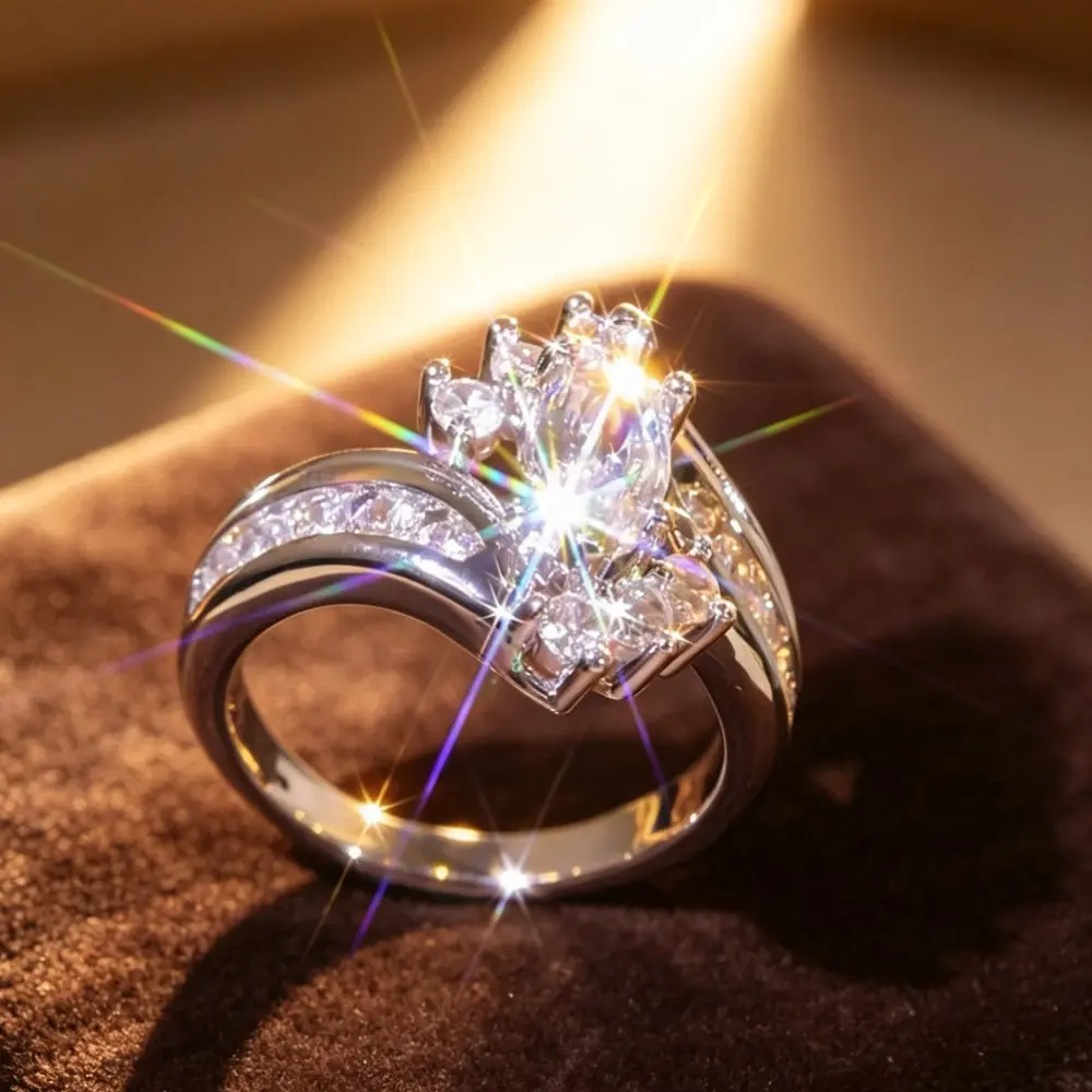 Marquise Center Stone Engagement Ring, Twisted Split Shank with Side Accents, Elegant Bridal & Promise Jewelry