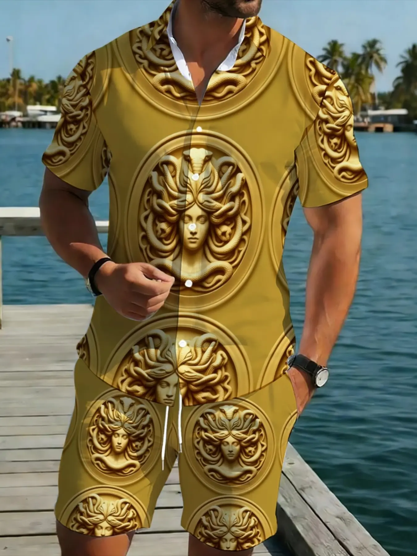 Men's Lightweight Polyester Casual, 3D Medusa Print Short Sleeve Shirt and Pants Set, Ideal for Tropical Beach Parties and Outdoor Events