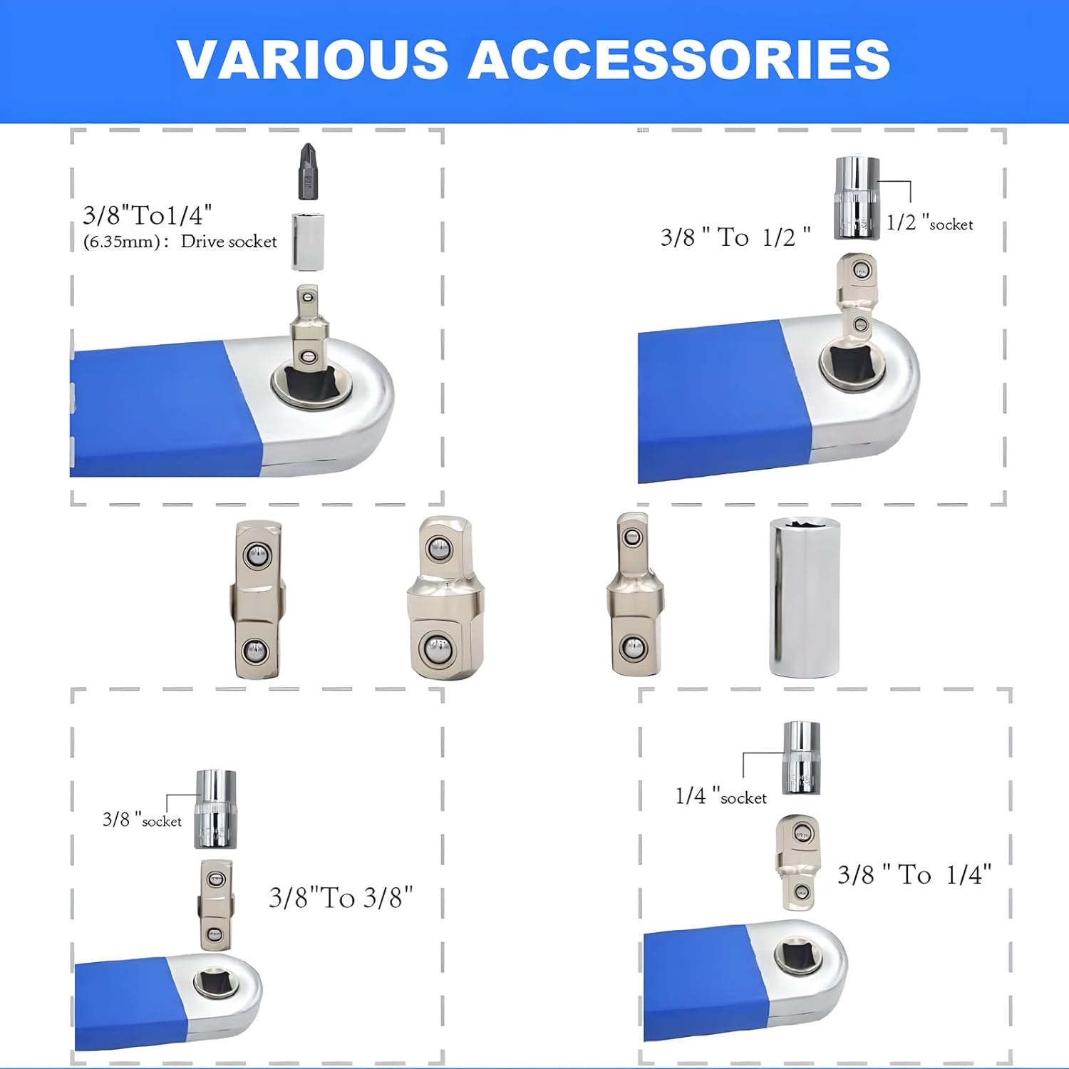 Offset Extension Wrench, Zero Degree Ratchet Extension Set, Includes 1/2", 1/4" & 3/8" Drive Adapters, Universal Ratchet Extensions for Tight Space, Wrench Extend Rod