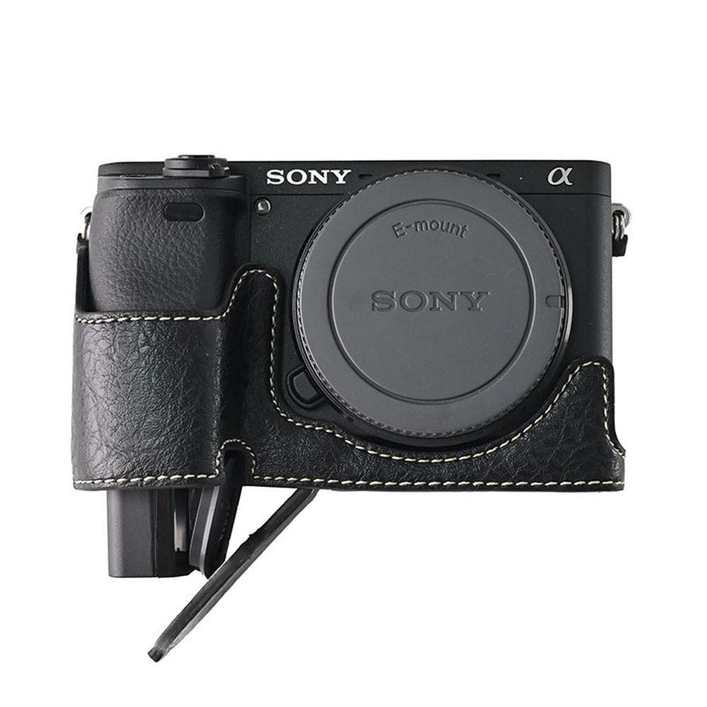 Litchi Pattern PU Leather Camera Half Case for Sony A6300 A6400 A6000 A6100 Bottom Opening Magnetic Cover With Strap