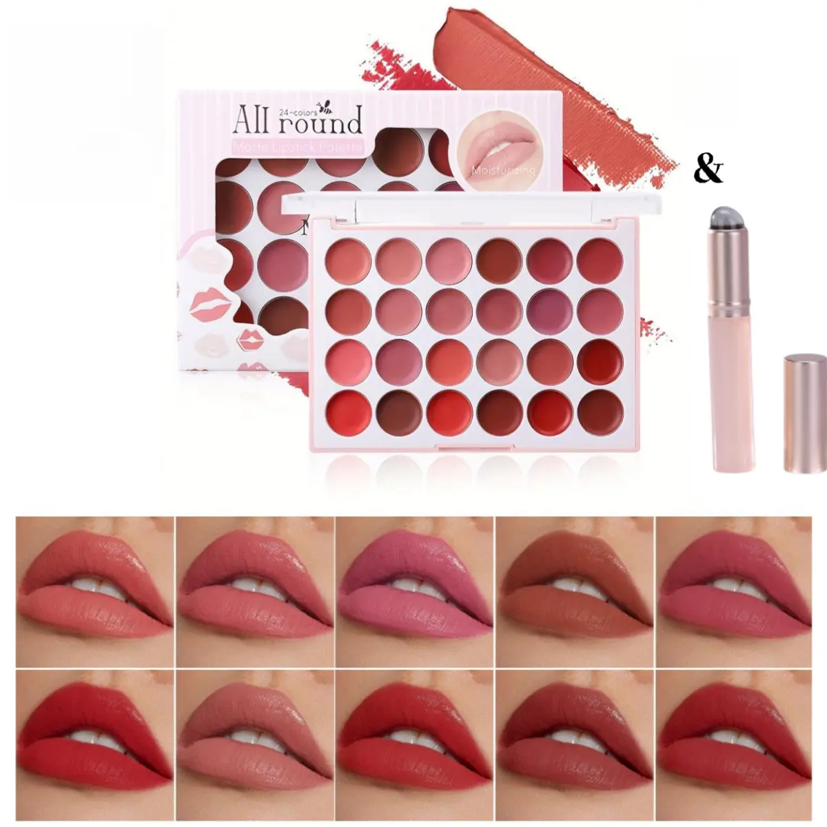 24-Color Long-Lasting Matte Lipstick Palette, Makeup, Non-Staining, Moisturizing, Hydrating, Easy Application, Includes Lip Brush, Perfect for All-Day Glamorous Lips