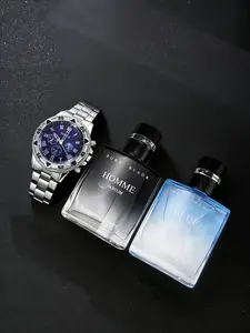 Men's Business Fashion Casual Wristwatch Set 3pcs, Quartz Watch, Includes Perfume Gift Box, Perfect for Daily Wear, Parties, Birthdays & More, Analog Quartz Watches