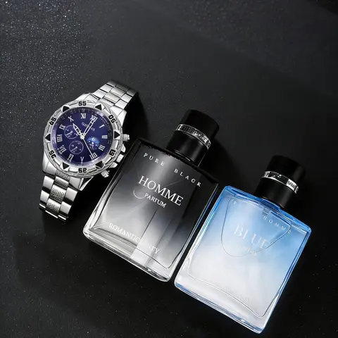 Men's Business Fashion Casual Wristwatch 3-Piece Set, Analog Quartz Watch, Includes Perfume Gift Box, Perfect for Daily Wear, Parties and Birthdays, Analog Wristwatches