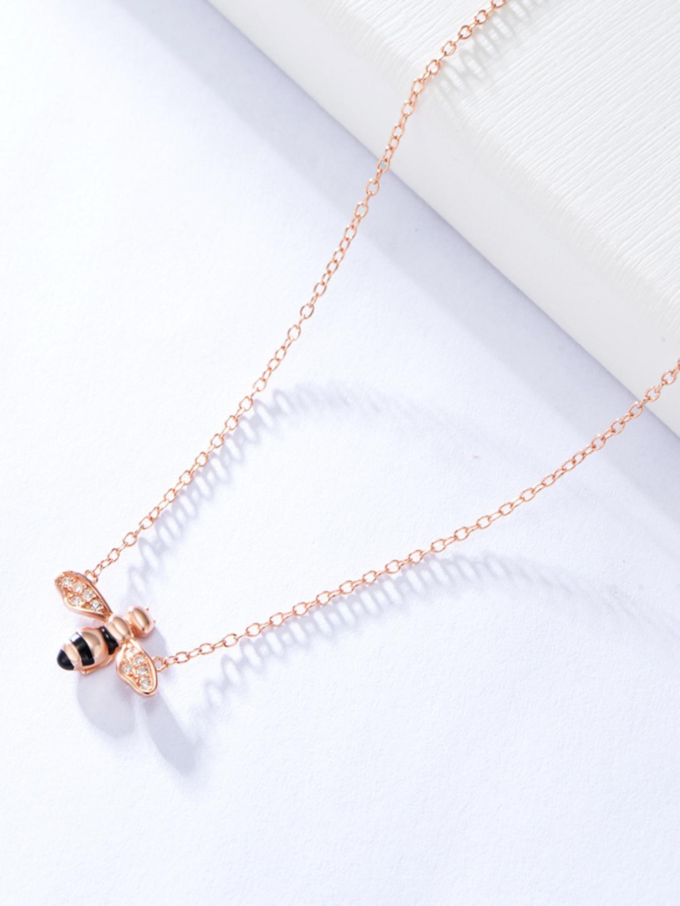 925 Sterling Silver Cute Bee Design Pendant Necklace, Artificial Zircon Decor Necklace, Fashion Jewelry Accessories for Women As Gift