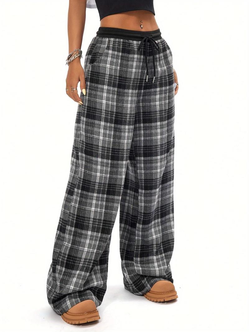 Women's Plaid Print Drawstring Waist Wide Leg Pants, Casual Streetwear Pants, Casual Comfy Pocket Trousers for Daily Wear, Ladies Bottoms for All Seasons