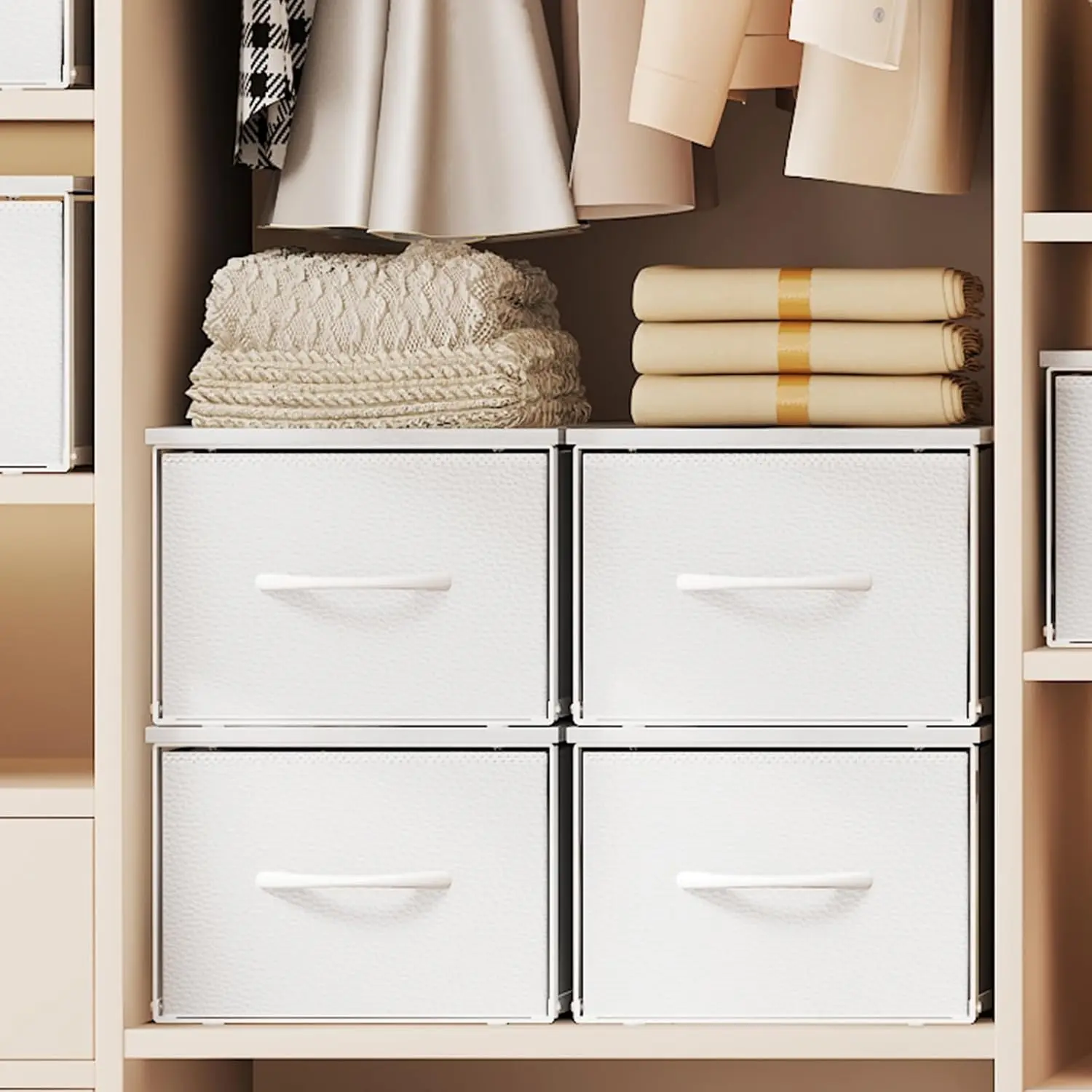 3 Packs Individual Stackable Storage Drawers with Wood Top for Closet, Small Stacking Closet Organizer with Drawers, Metal Frame 3 Fabric Storage Drawer Bins for Bedroom, Under Bed, White