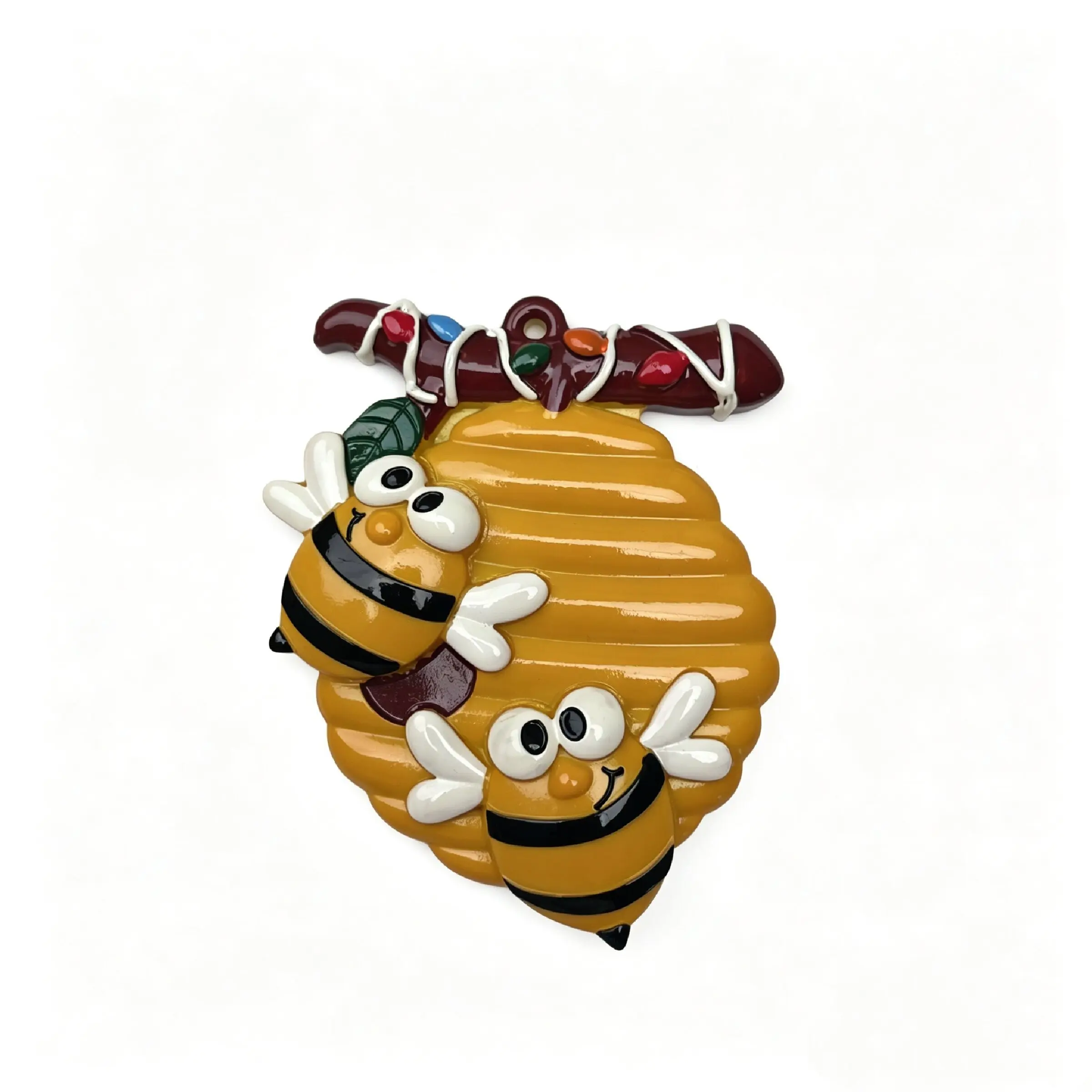 New Cartoon Bee Branch Hive Hand-Painted Resin Christmas Tree Ornament, DIY Personalized Name Gift, Cute Holiday Decoration