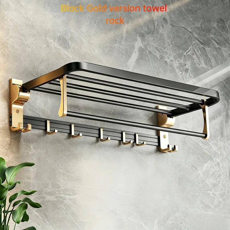 Space Aluminum Multi-Functional Wall Mounted Towel Rack with Foldable Hooks Freestanding Shelf for Bathroom Kitchen Home Organizer Holds Towels Bath Towels Cloths Keys