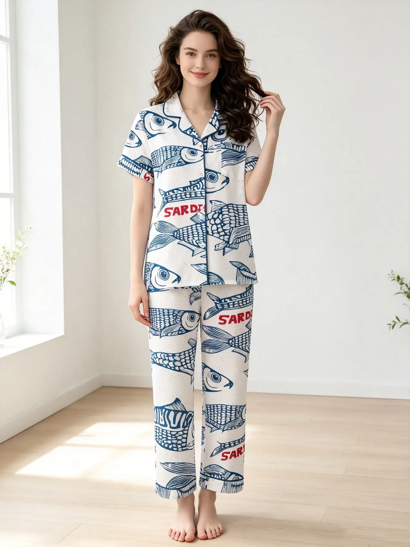 Women's Pajamas & Loungewear Set White Blue Sardine Fish Graphic Print 2026 Summer Contrast Trim Notched Collar Button Down Short Sleeve Long Pants Milk Silk Breathable Loose Fit Comfortable Sleepwear Homewear All Day Wear for Women