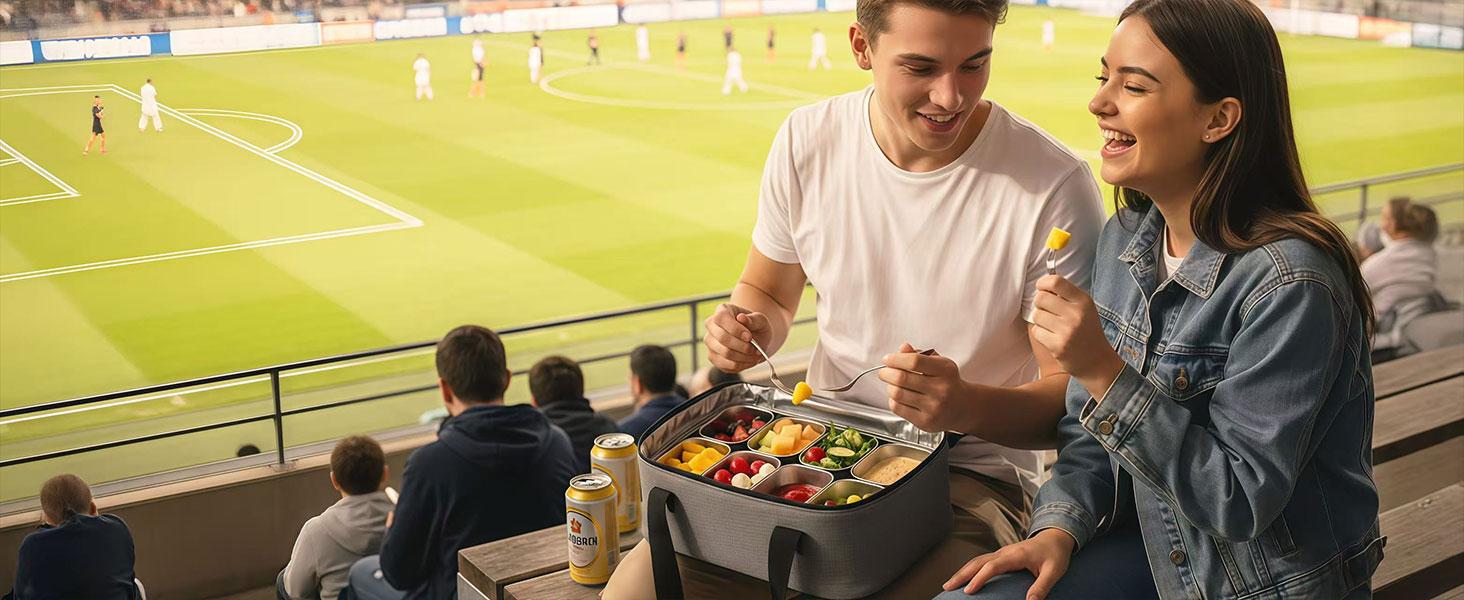 Snackle Box Container with Ice Pack, 304 Stainless Steel Divided Serving Tray, Snacklebox with Insulated Bag, 8 Compartment Platter Box with Lid and Handle for Beach, Road Trip, Boat Days, Pool Party