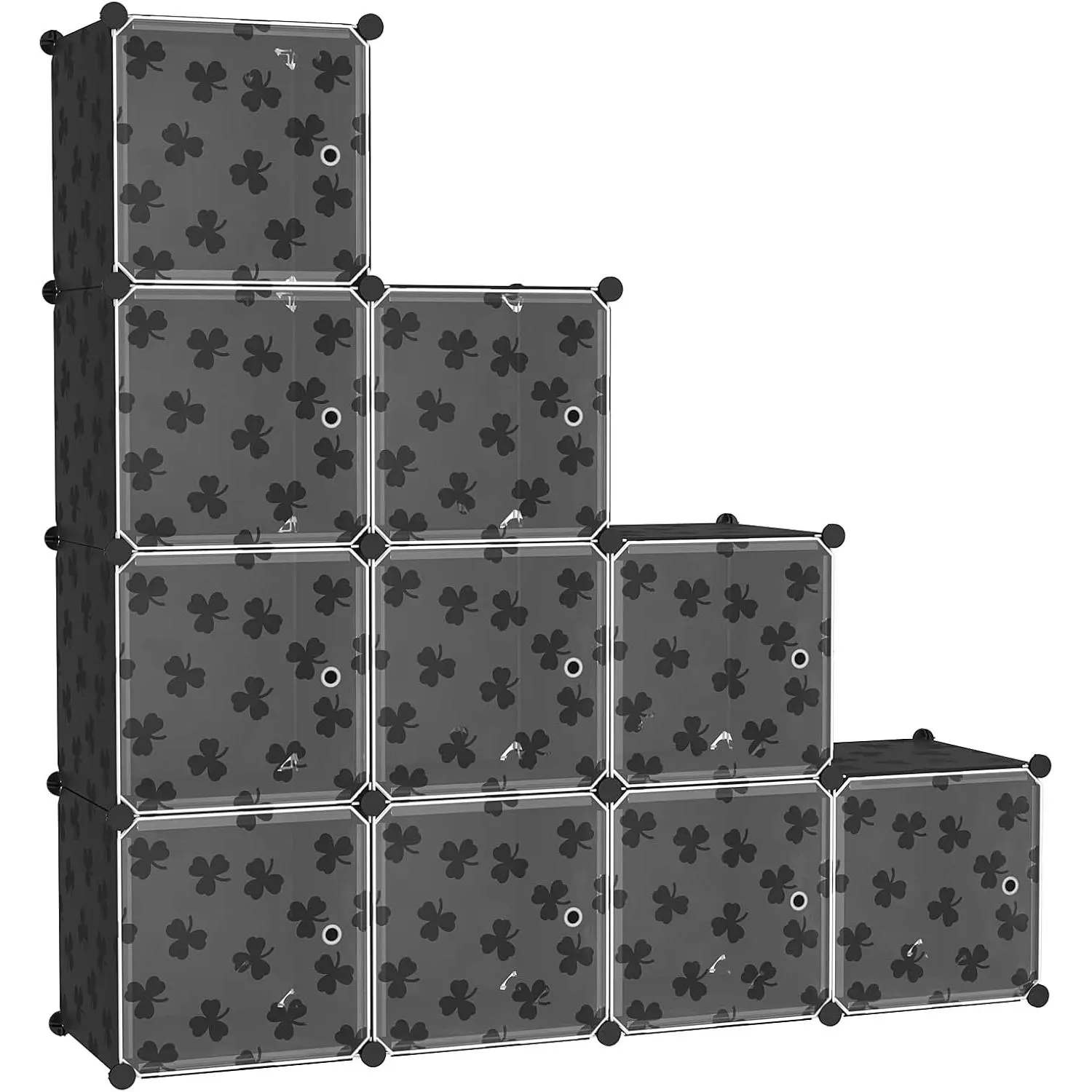 Cube Storage Organizer with Doors, 10-Cube Shelves, DIY Plastic Modular Bookshelf, Closet Clothes Storage Shelving Ideal for Bedroom, Living Room, Clover Embossed, Black