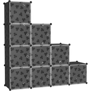 Cube Storage Organizer with Doors, 10-Cube Shelves, DIY Plastic Modular Bookshelf, Closet Clothes Storage Shelving Ideal for Bedroom, Living Room, Clover Embossed, Black