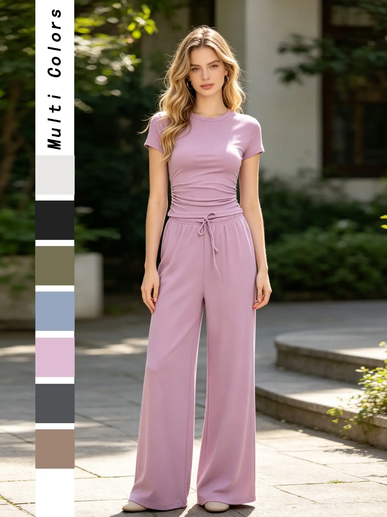2 Piece Matching Summer Casual Lounge Set Womens Outfits Side Ruching Crewneck Top Wide Leg Pants Sets with Pockets