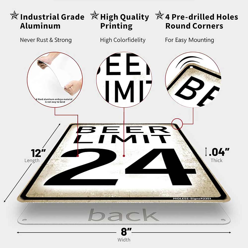 Beer Limit 24 Funny Metal Sign 12x8 In Aluminum, Vintage Beer Tin Sign for Man Cave, Home Bar, Pub Decor, Retro Speed Limit Style Wall Art for Beer Lover, 12x8 Inch Aluminum Plaque