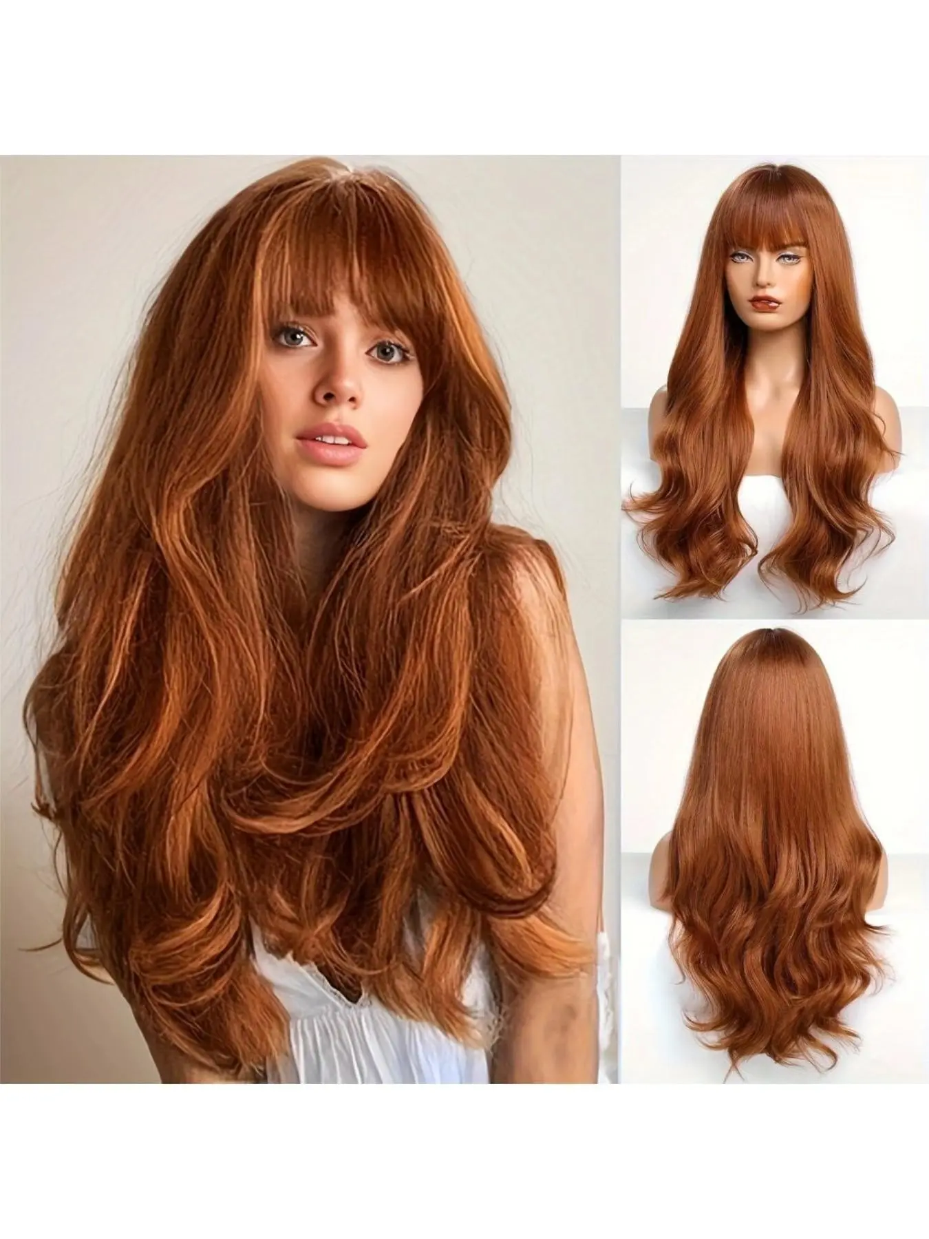 Long Wavy Ginger Wig Orange Ombre Colors, Glueless Middle Part, Heat-Resistant Synthetic Fiber Hairpiece for Women & Men, 26Inch Party, Wedding, Everyday Wigs - Easy Application & Maintenance, Long Hair Wigs for Women, Glueless Braided Wigs Wear And Go