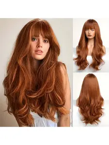 Long Wavy Ginger Wig Orange Ombre Colors, Glueless Middle Part, Heat-Resistant Synthetic Fiber Hairpiece for Women & Men, 26Inch Party, Wedding, Everyday Wigs - Easy Application & Maintenance, Long Hair Wigs for Women, Glueless Braided Wigs Wear And Go