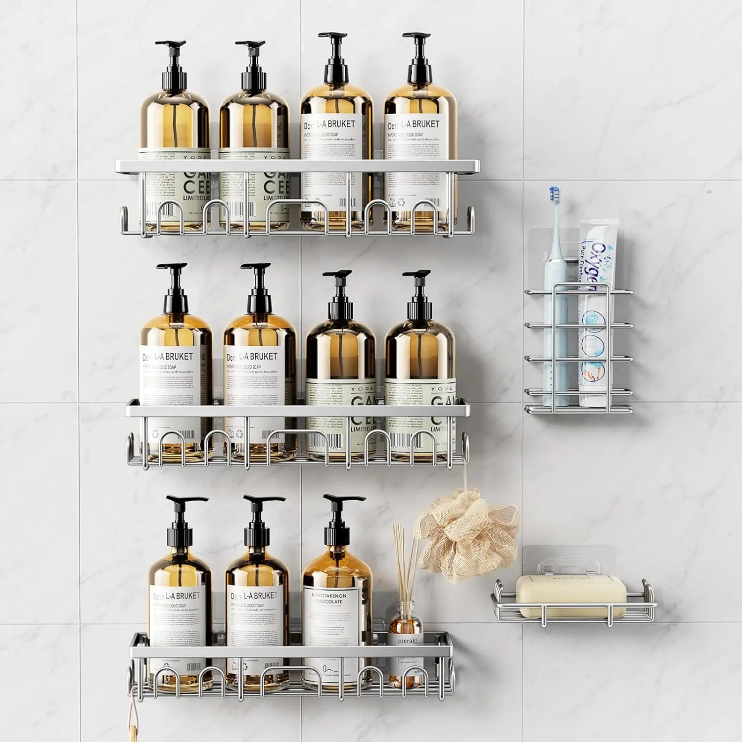 Shower, 5 Pack Shower Shelves for Inside, Rustproof Organizer with Soap Holder, No Drilling Washroom Organizers and for Room/, Silver