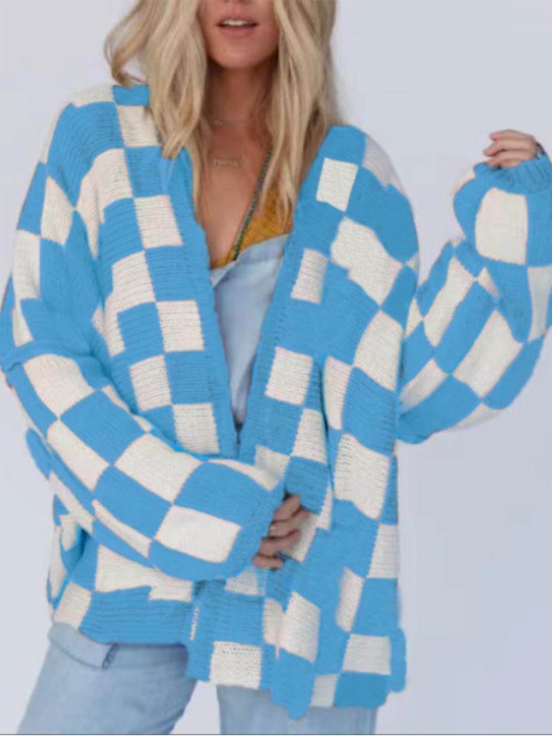 Christmas Deals Women's Checkerboard Pattern Drop Shoulder Cardigan, Casual Long Sleeve Open Front Knitwear for Summer, Fashion Ladies' Knit Clothing for Daily Wear, Christmas 2024 Trend, Fall&winter Clothing