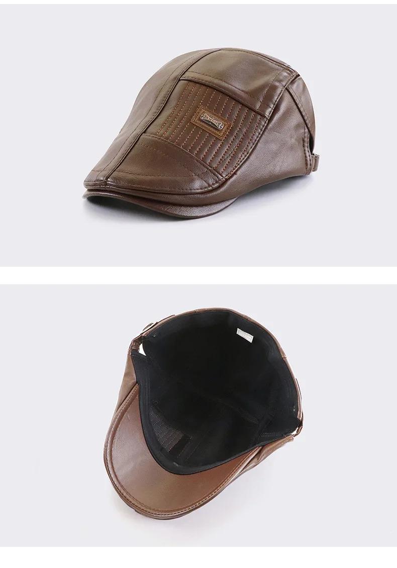 PU Leather Beret Hat Men Autumn Winter Faux Leather Duckbill Newsboy Cap Herringbone Middle-aged Men's Flat Peaked Cap For Dad