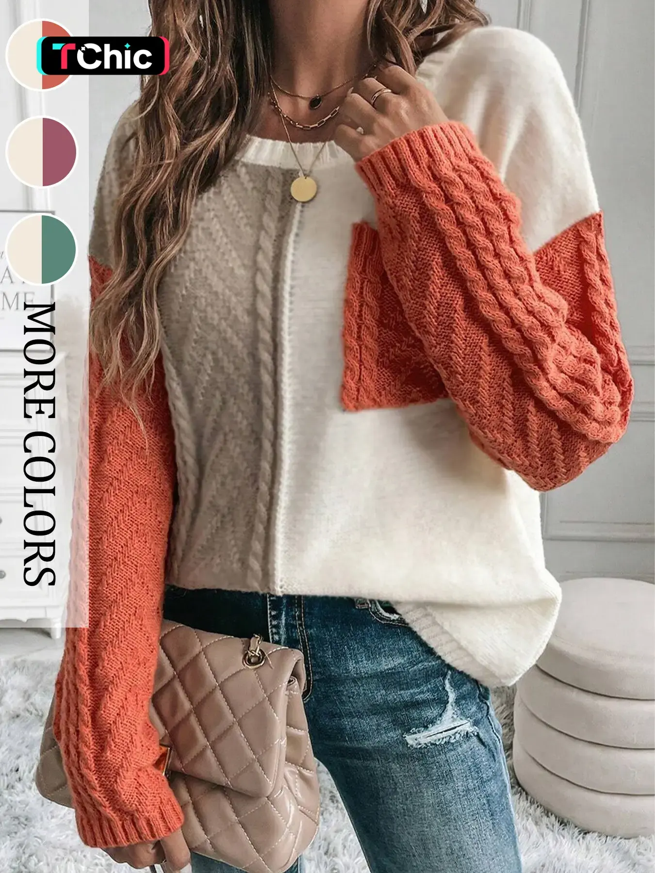 【Black Friday】Women's Color-Block Pullover Sweater for Fall & Winter, Basic Drop-Shoulder Style with Front Pocket, Casual Party Wear
