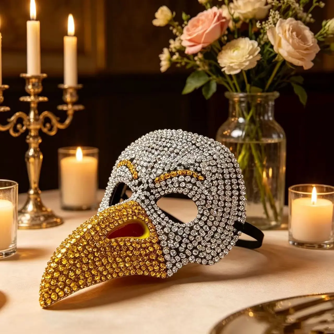 Rhinestone Long-Billed Bird Mask, Holiday Halloween Party Decor, Costume Ball Accessories, Festive Evening Event Props