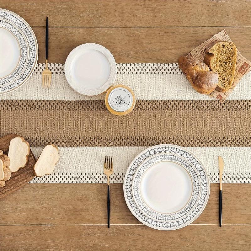 Rustic Farmhouse Boho Table Runner Macrame Crochet Polyester Tassel Striped Design Cream Brown Beige Decorative Dining Room Bedroom Living Room Home Decor
