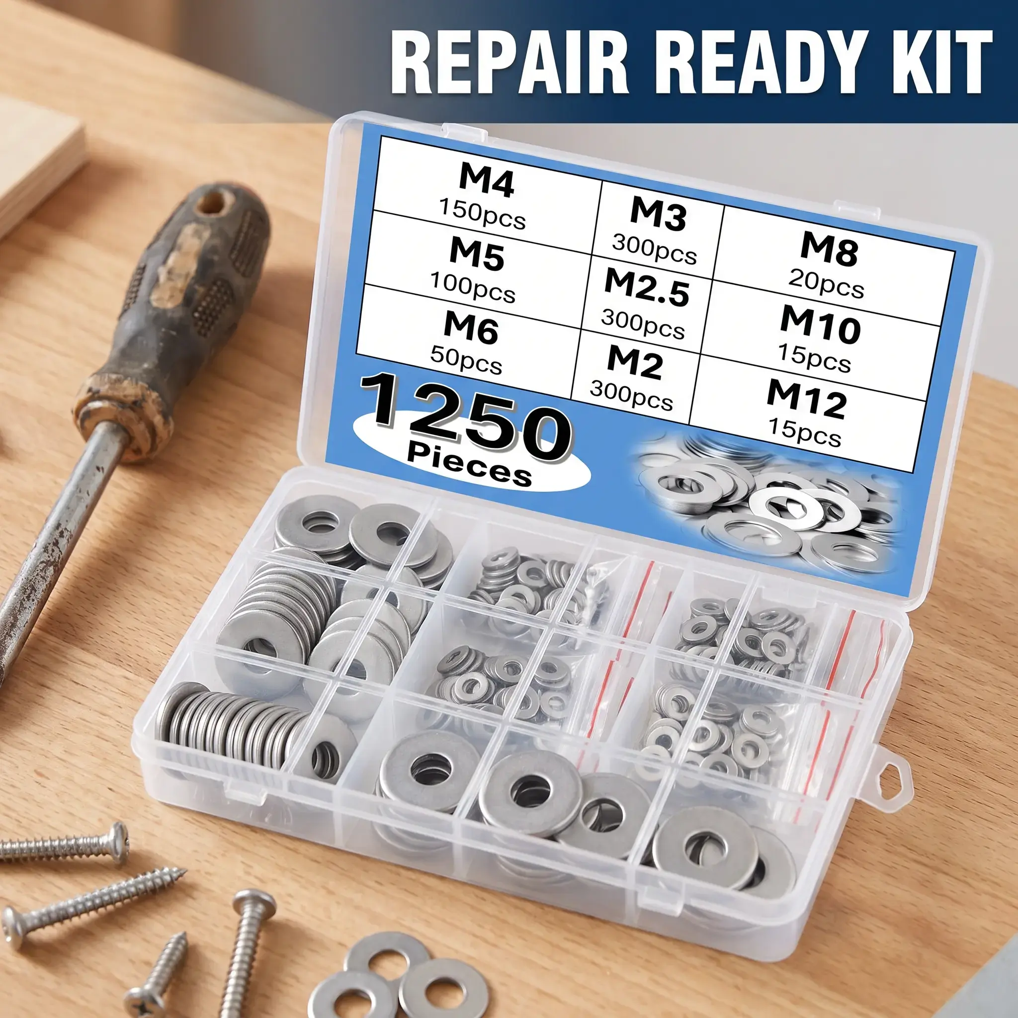 1250pcs 304 Durable Stainless Steel Flat Washers Assortment Kit (M2, M2.5, M3, M4, M5, M6, M8, M10 and M12), Suitable for Home Decoration, Factory Repair, Kitchen Installations, Shops and Outdoor Construction Hardware