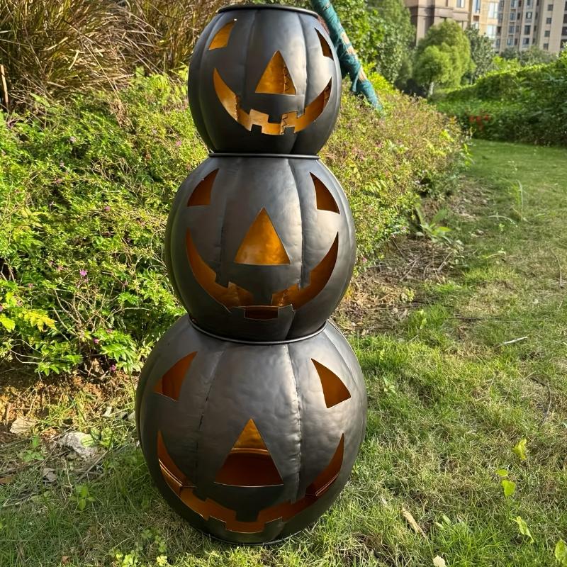 3pcs Halloween Metal Pumpkin Decorations - Black Hollow Face Design, Stackable & Durable, Indoor/Outdoor Use, Easy Assembly, No Candle Included, Perfect for Halloween Festivities, Halloween Decorations