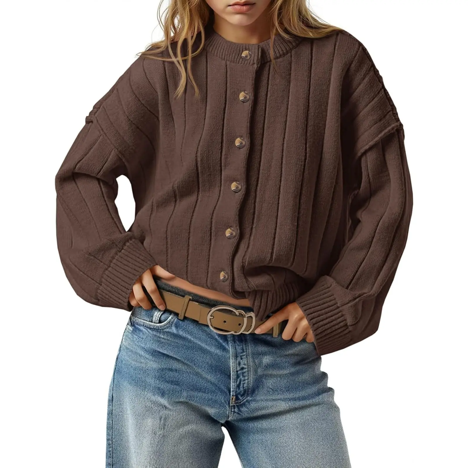 Aoysky Women's Open-Front Knitting Cardigan Tops - Long-Sleeves, Round Neck/Crew Neck, Button-Down, Loose Casual Fall Outerwear