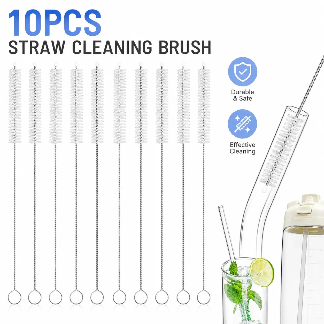 10 Pieces Stainless Steel Straw Cleaner Brush Set - Extra Long for Tumbler, Water Bottle, Tubes, Sippy Cup-YY1