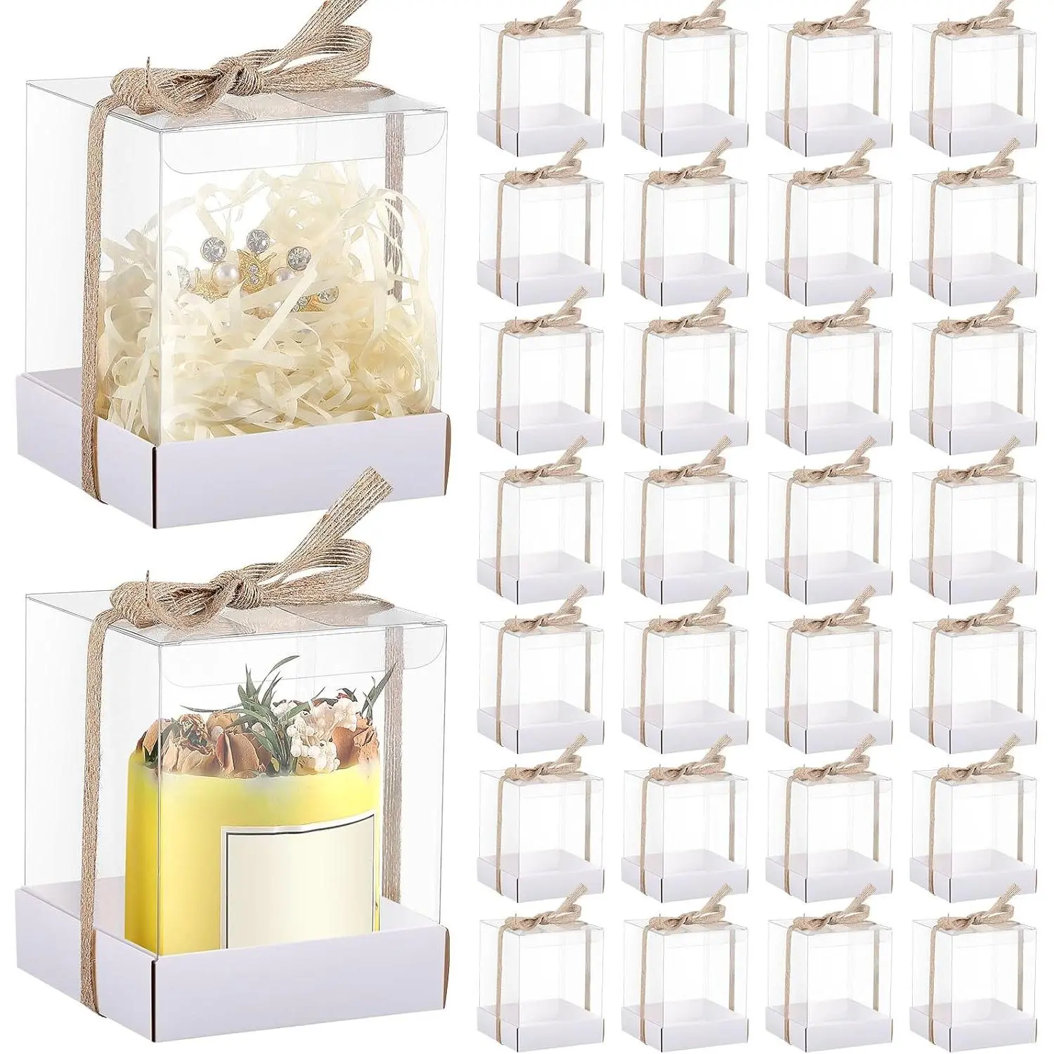 36-Set Transparent Lid Candle Display Boxes (3.5x3.5x4.3in, 14oz), White Tealight Candle Holders with Paper Bottom & Jute Rope Tie, Rustic Vibes for Wedding & Valentine's Party Gifts