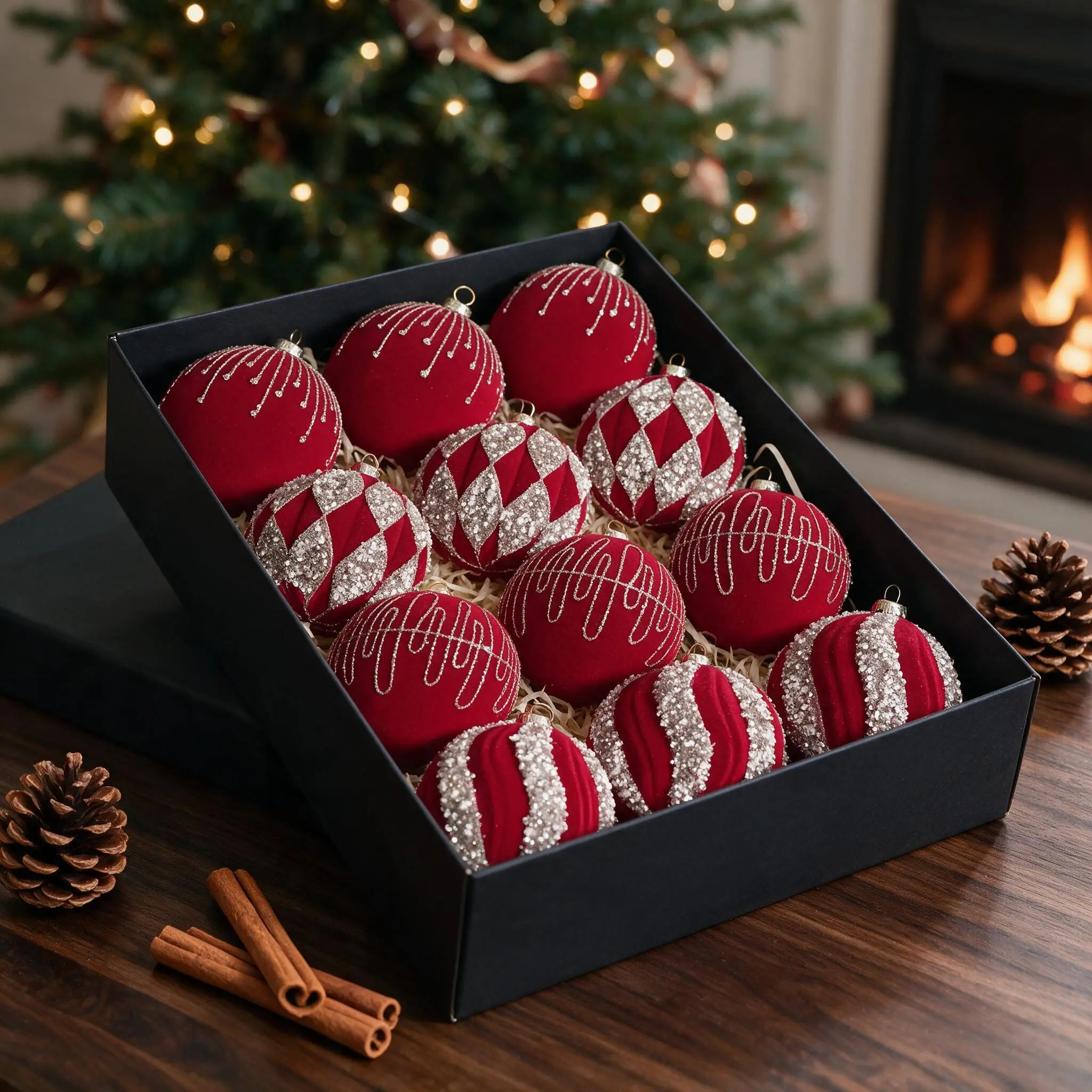 12-Pack 8cm Silver Flocking Christmas Balls, Vintage Luxury Sparkle Floral Decorative Ornaments, Durable Plastic, Gift Box Included