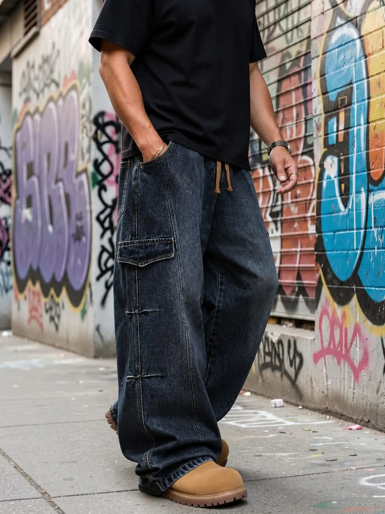 Men’s Dark Blue Washed Cargo Jeans with Drawstring Waist and Multi Flap Pockets, Baggy Wide Leg Streetwear Denim Pants