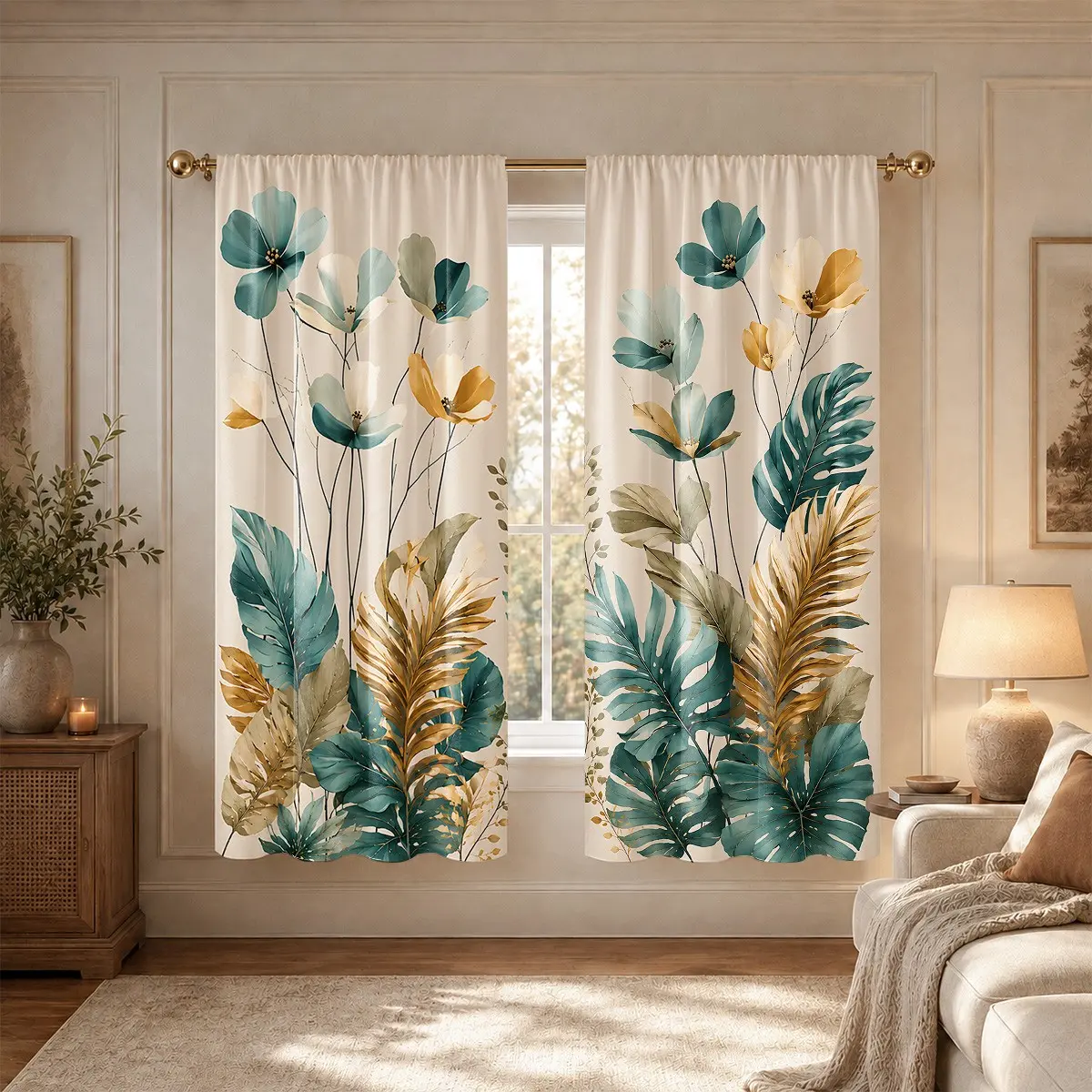 2-Pack Floral Art Print Curtains, Rod Pocket Design, Semi-Transparent Privacy Drapes, Window Drapes, Ideal for Bedroom, Living Room, Kitchen, Closet, Home Decor
