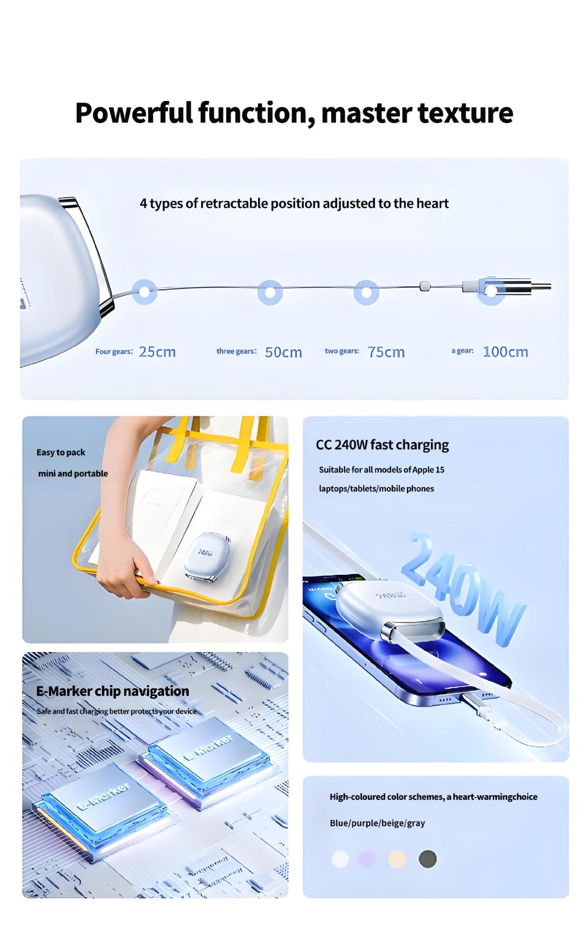 240w Retractable Fast Charging Cable USB C to C, Auto Coiling for Travel, Compatible with iPhone, Samsung, Huawei, Phone Tablet Laptop