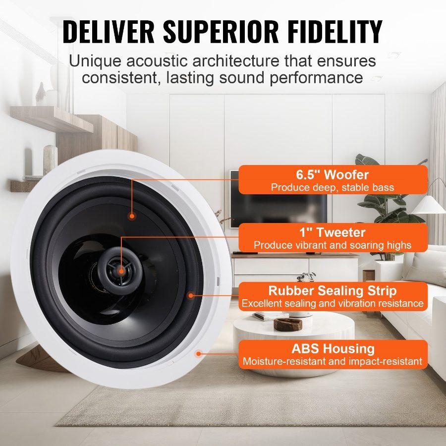 VEVOR 4 PCs 6.5'' Bluetooth in Ceiling Speakers, 150W, Flush Mount Ceiling in-Wall Speaker System with 8Impedance 89dB Sensitivity, for Home Kitchen Living Room Bedroom or Covered Outdoor Porches