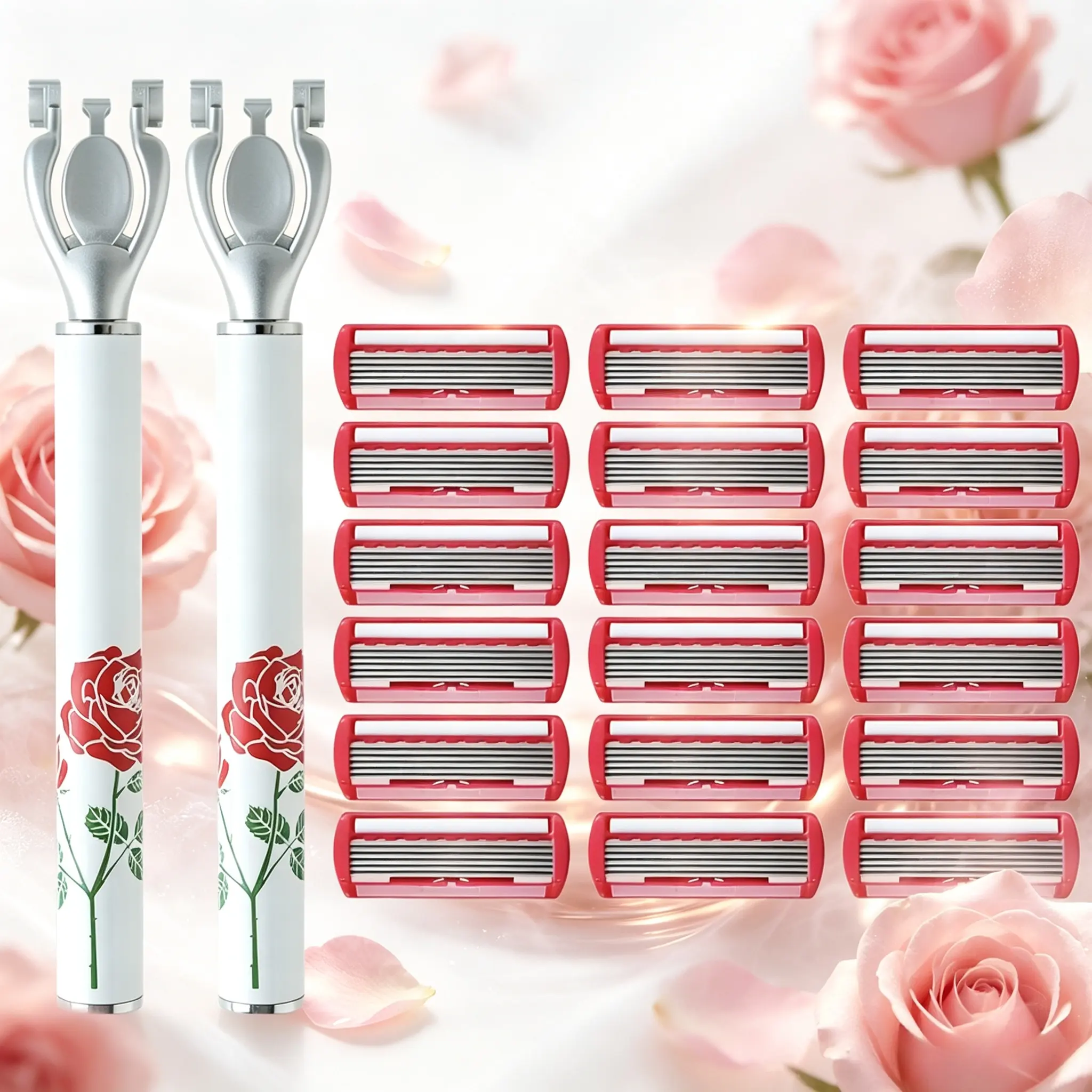 Romantic floral rose full-body women razor with sharp smooth blades and safety guard to prevent stinging. Ideal for legs, underarms and bikini area, washable elegant portable hair removal kit for outdoor trips.