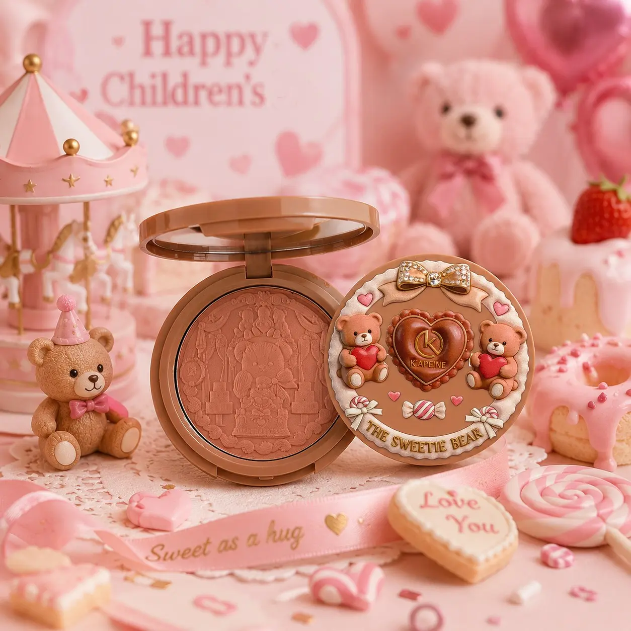 Sweetie Bear Embossed Blush Matte Velvet Nude Peach, Long Lasting Cute Cartoon Cosmetic, Eyeshadow Makeup for Women