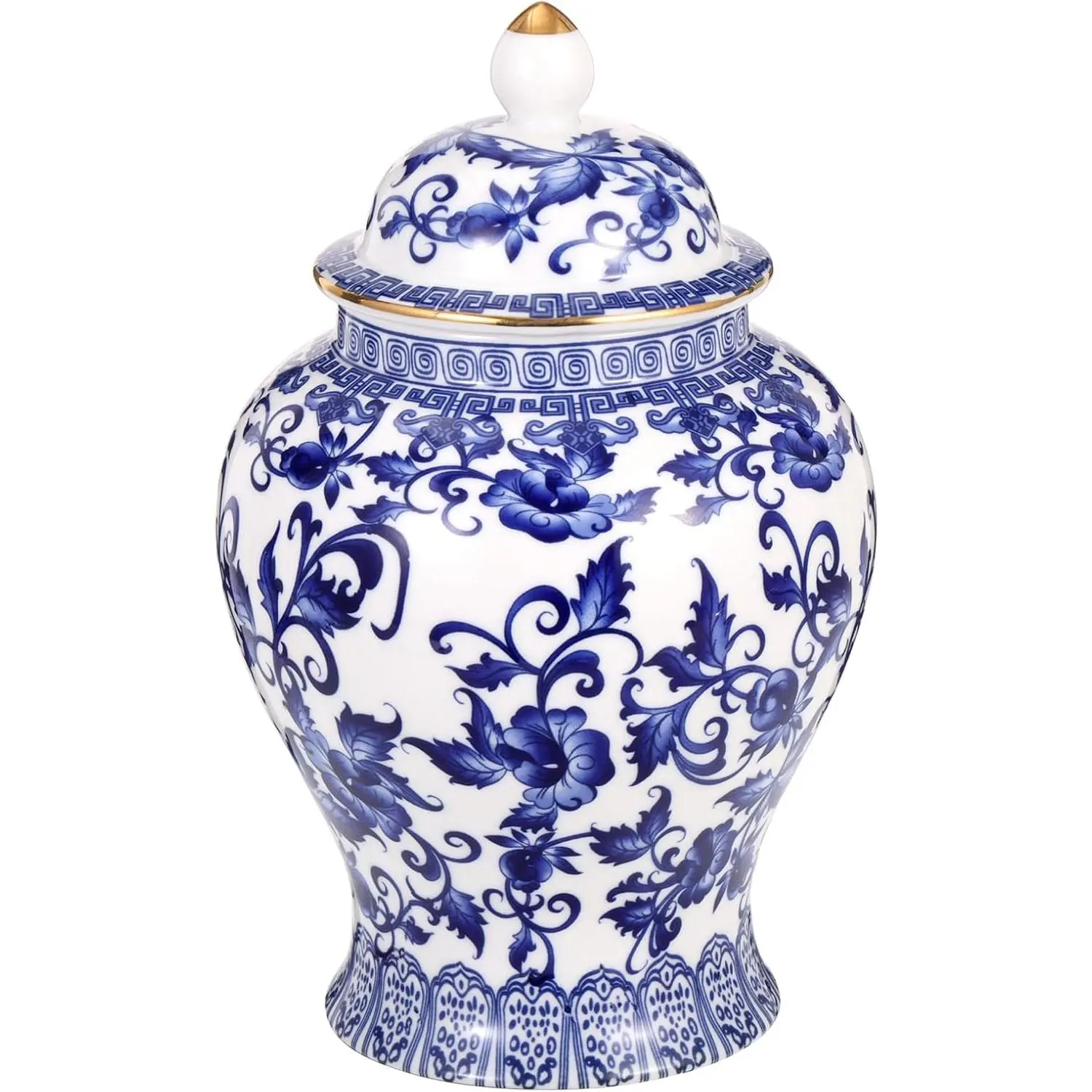 Chinoiserie Ginger Jar with Gilt Edges,7.87 Inch Ceramic Blue and White Ginger Jar with Lid,Porcelain Ginger Jars Vase for Home,Living Room,Coffee Table,Shelf Decor