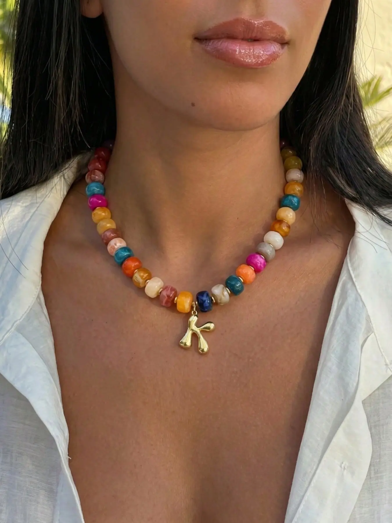 Multicolor Resin Bead Initial Necklace, Letter Charm Choker for Women, Casual Style Necklaces, Summer Beach Vacation Jewelry, 1pc Fashion Accessory
